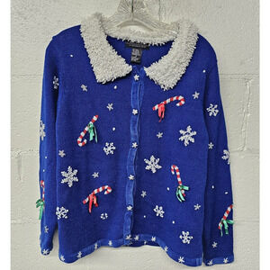 Womens‎ Christmas Cardigan Size Medium Holiday Candy Cane Mop Collar Snowflake